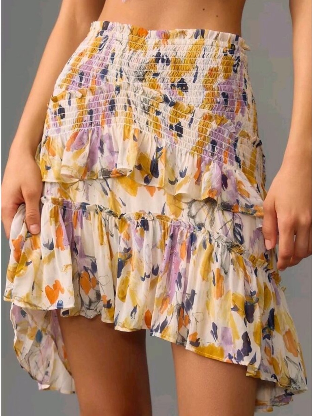 NWT Anthropologie Large Asymmetrical Floral Smocked Ruffle Mini Skirt
